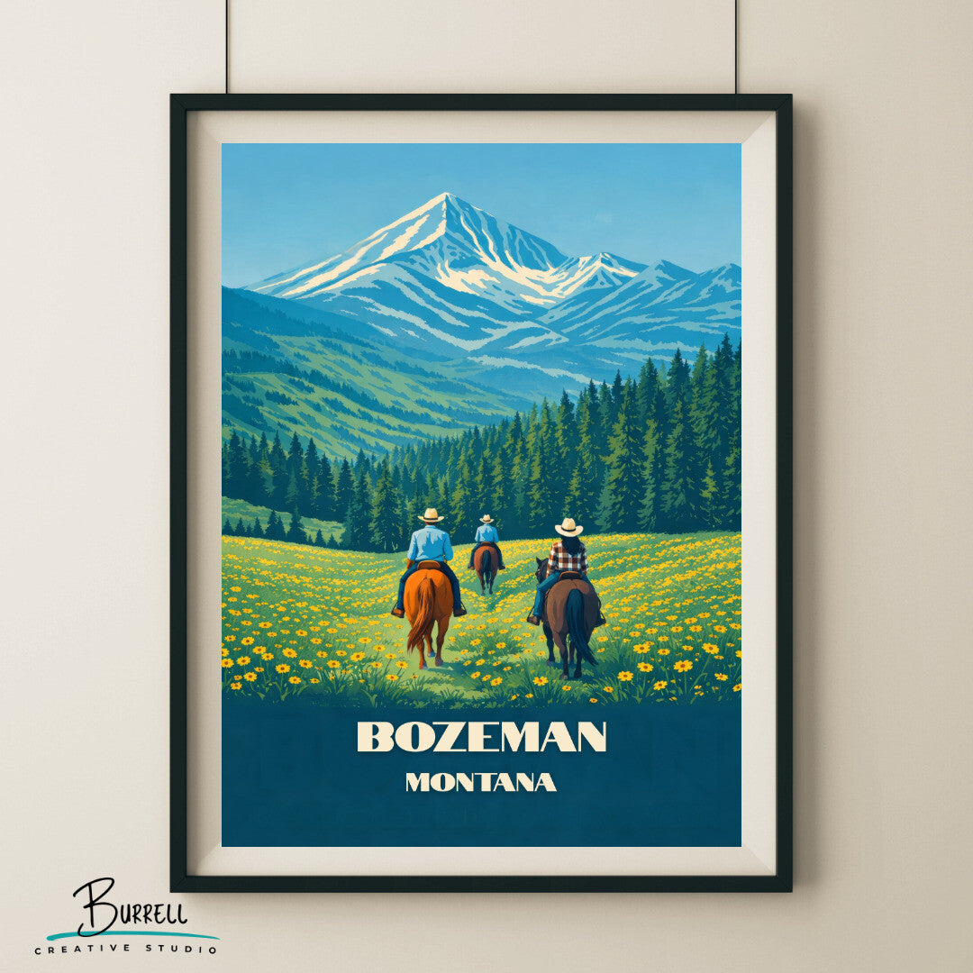 Bozeman Montana Horseback Riding Travel Posters & Wall Art Poster Print