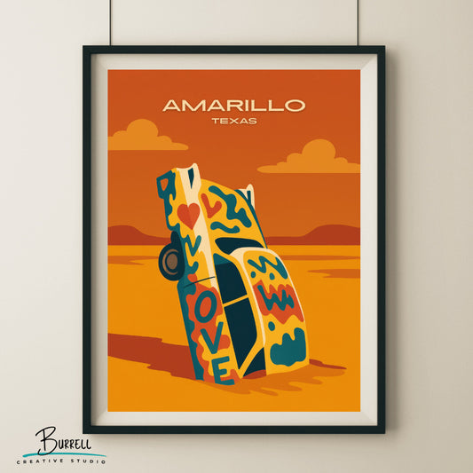 Amarillo Texas Cadillac Roadside Attraction Travel Poster & Wall Art Poster Print