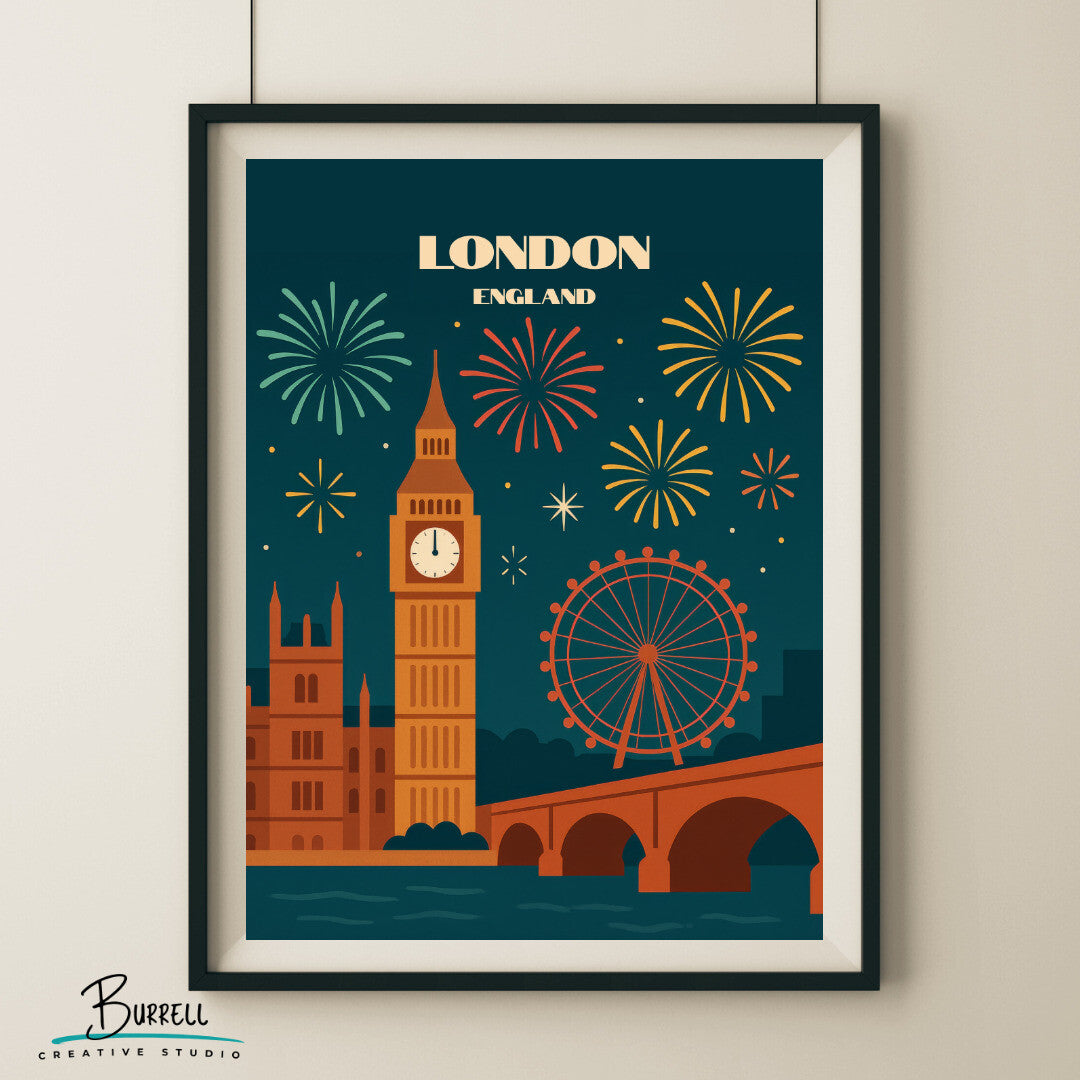 London England New Years Celebration Travel Poster & Wall Art Poster Print