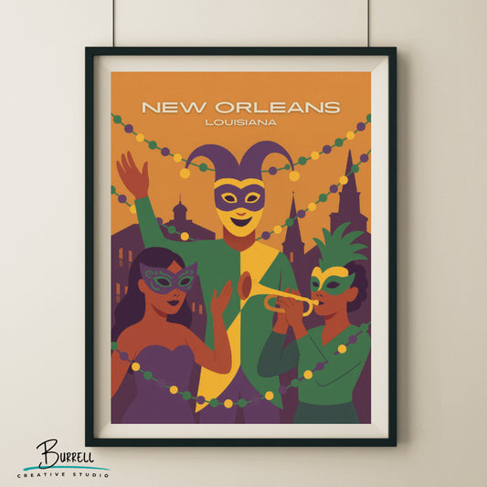 New Orleans Louisiana Mardi Gras Parade Travel Poster & Wall Art Poster Print