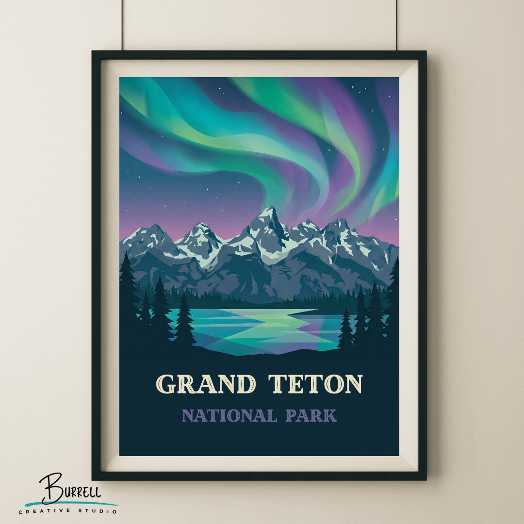 Grand Teton National Park Wyoming Northern Lights Scenery Travel Posters & Wall Art Poster Print