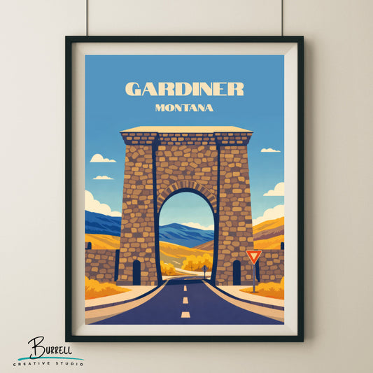 Gardiner Montana Roosevelt Arch Travel Posters & Wall Art Poster Print