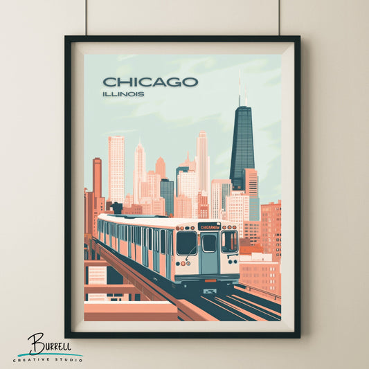 Chicago Illinois Train Skyline Travel Poster & Wall Art Poster Print