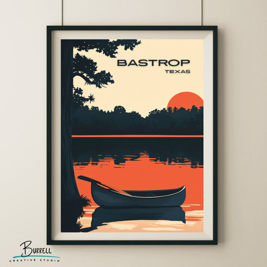 Bastrop Texas Lake Sunset Travel Poster & Wall Art Poster Print