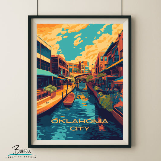 Oklahoma City Oklahoma Bricktown Riverwalk Travel Poster & Wall Art Poster Print