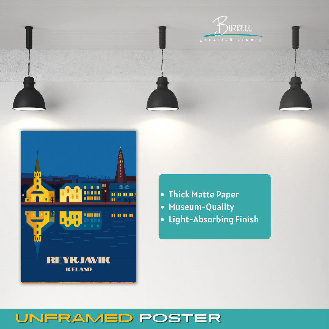 Reykjavik Iceland Tjornin Night View Travel Poster & Wall Art Poster Print