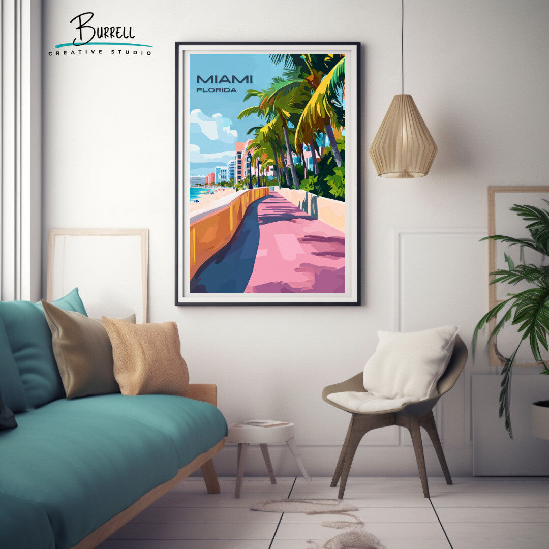 Miami Florida Beach Boardwalk Travel Poster & Wall Art Poster Print