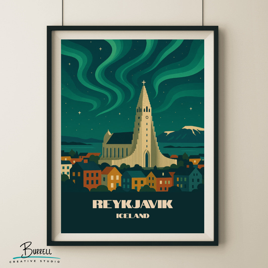 Reykjavik Iceland Northern Lights Travel Poster & Wall Art Poster Print