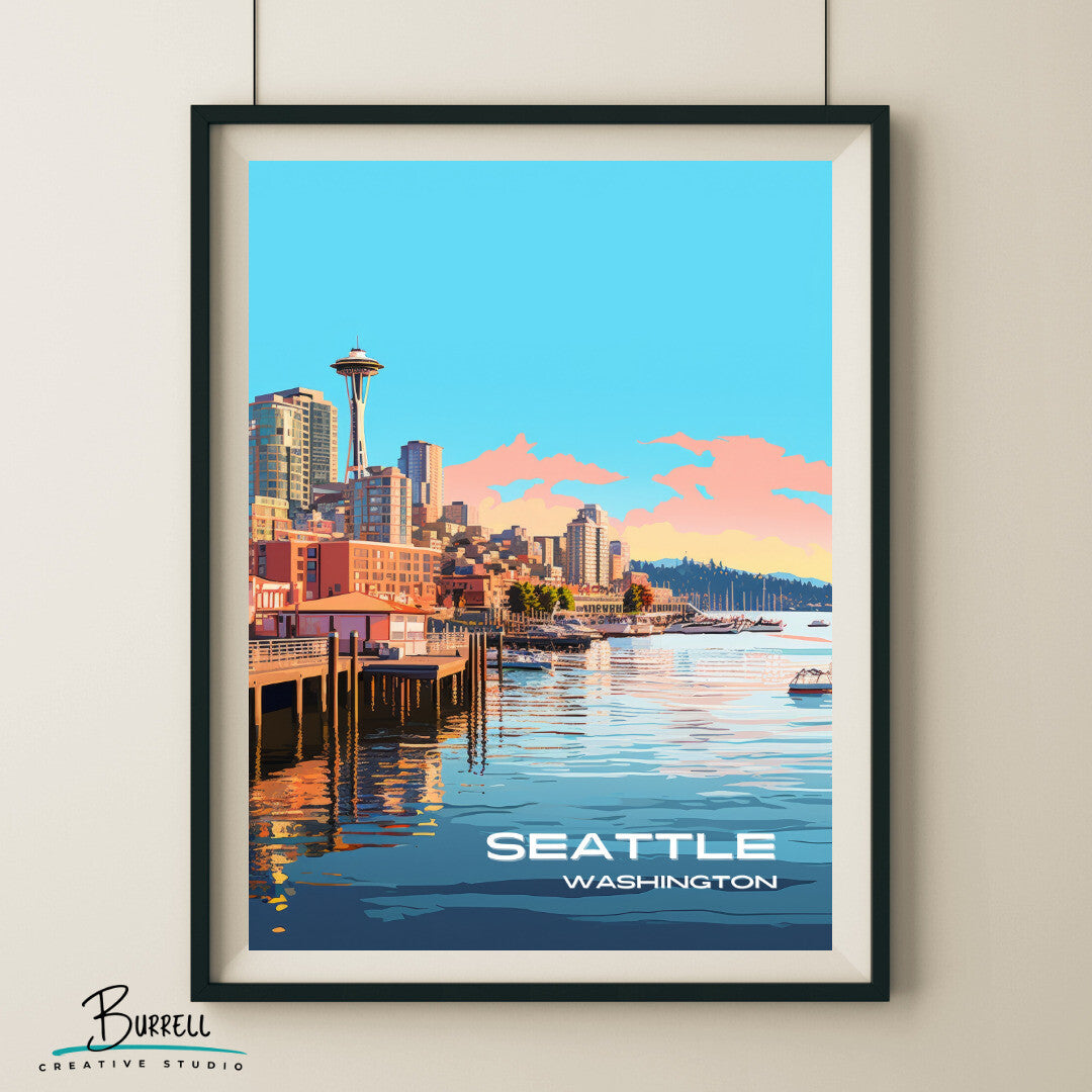 Seattle Washington Waterfront Travel Poster & Wall Art Poster Print