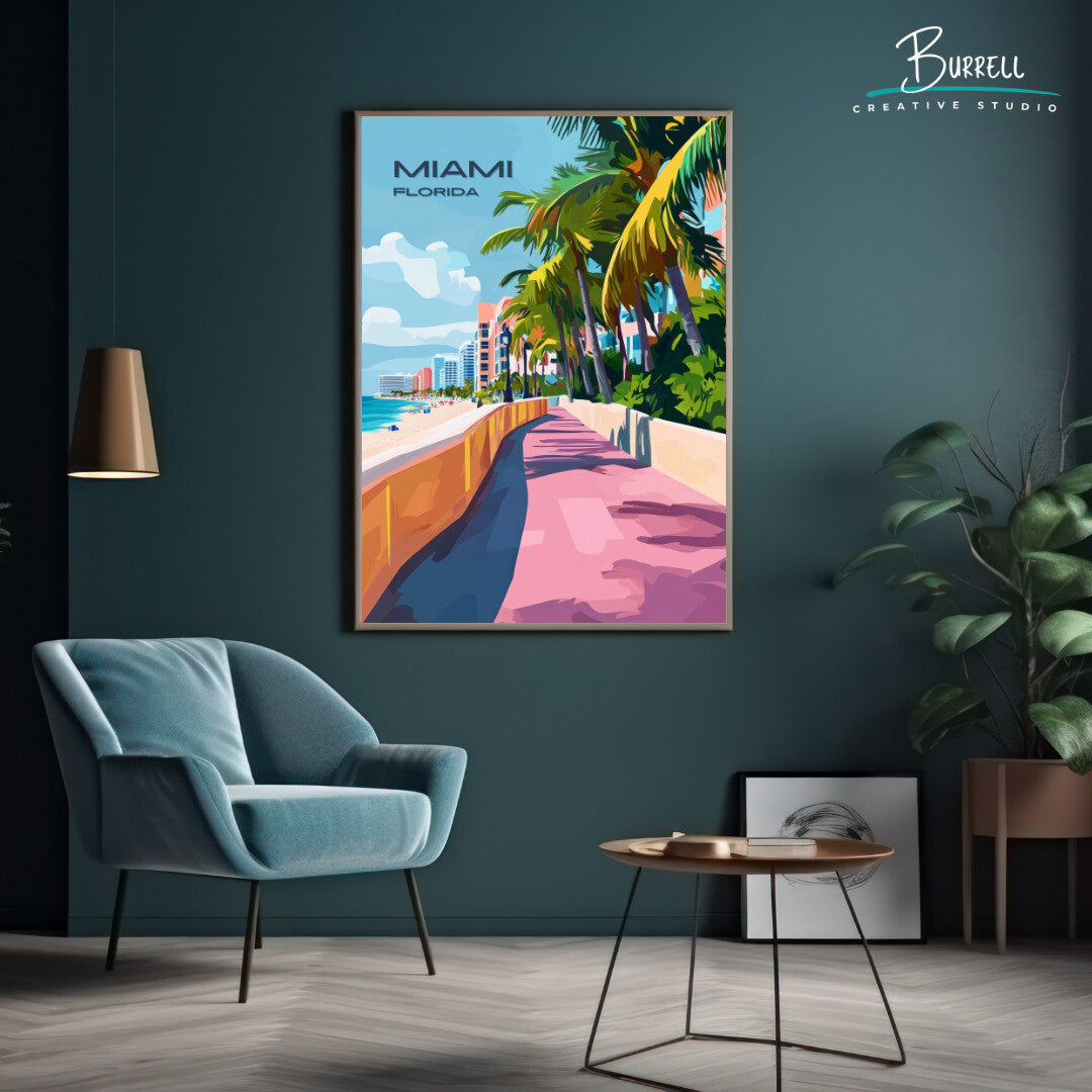 Miami Florida Beach Boardwalk Travel Poster & Wall Art Poster Print