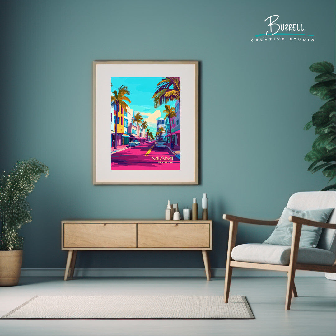 Miami Florida Ocean Drive Travel Poster & Wall Art Poster Print