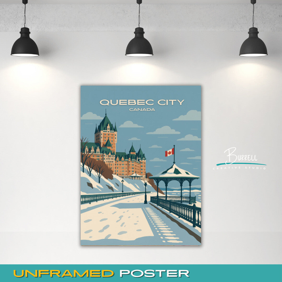 Quebec City Canada Wintery Terrasse Dufferin Travel Poster & Wall Art Poster Print