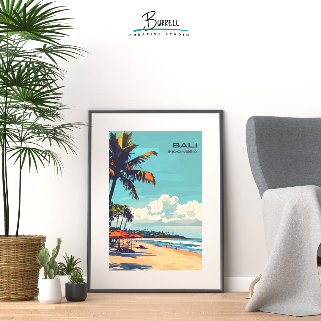 Denpasar Bali Seminyak Beach Travel Poster & Wall Art Poster Print