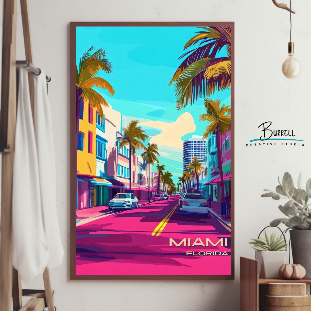 Miami Florida Ocean Drive Travel Poster & Wall Art Poster Print