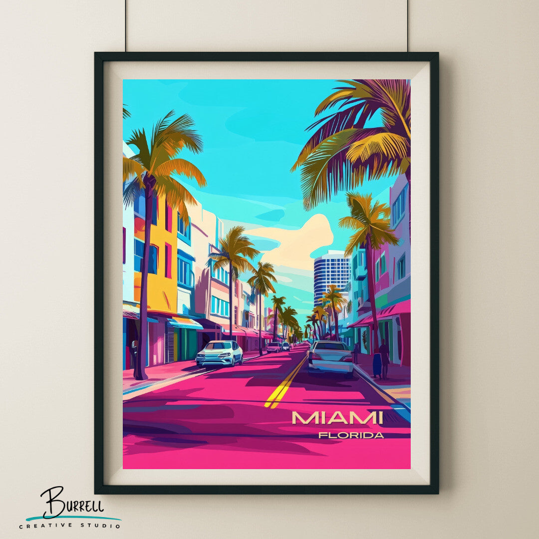 Miami Florida Ocean Drive Travel Poster & Wall Art Poster Print