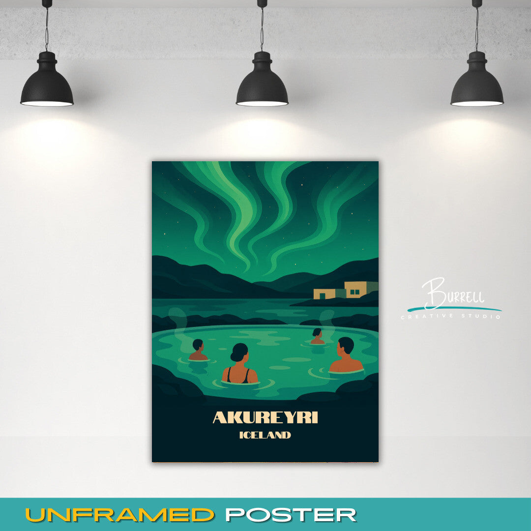 Akureyri Iceland Geothermal Spas Travel Poster & Wall Art Poster Print