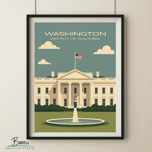 Washington District Of Columbia White House Scenery Travel Poster & Wall Art Poster Print