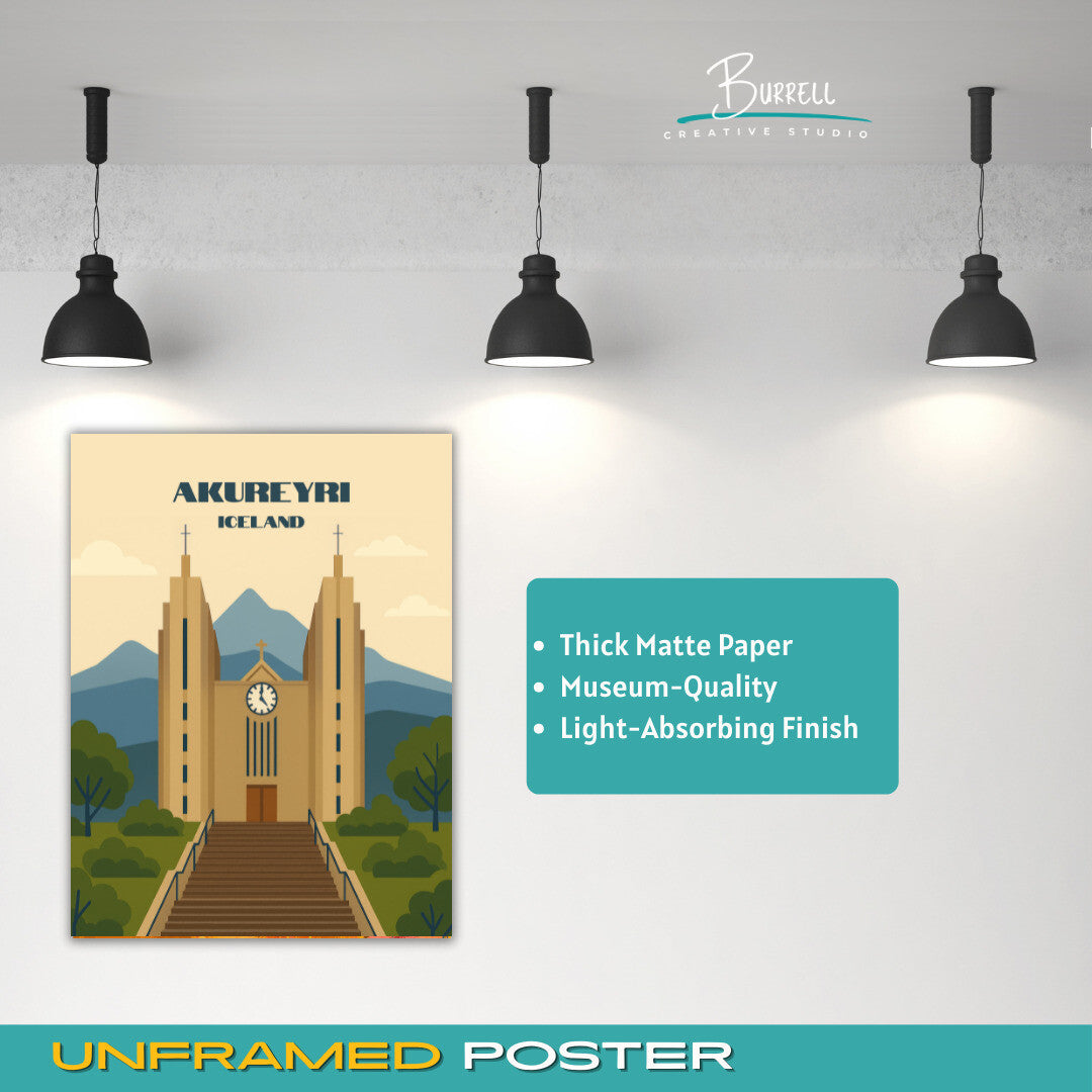 Akureyri Iceland Akureyrarkirkja Church Travel Poster & Wall Art Poster Print