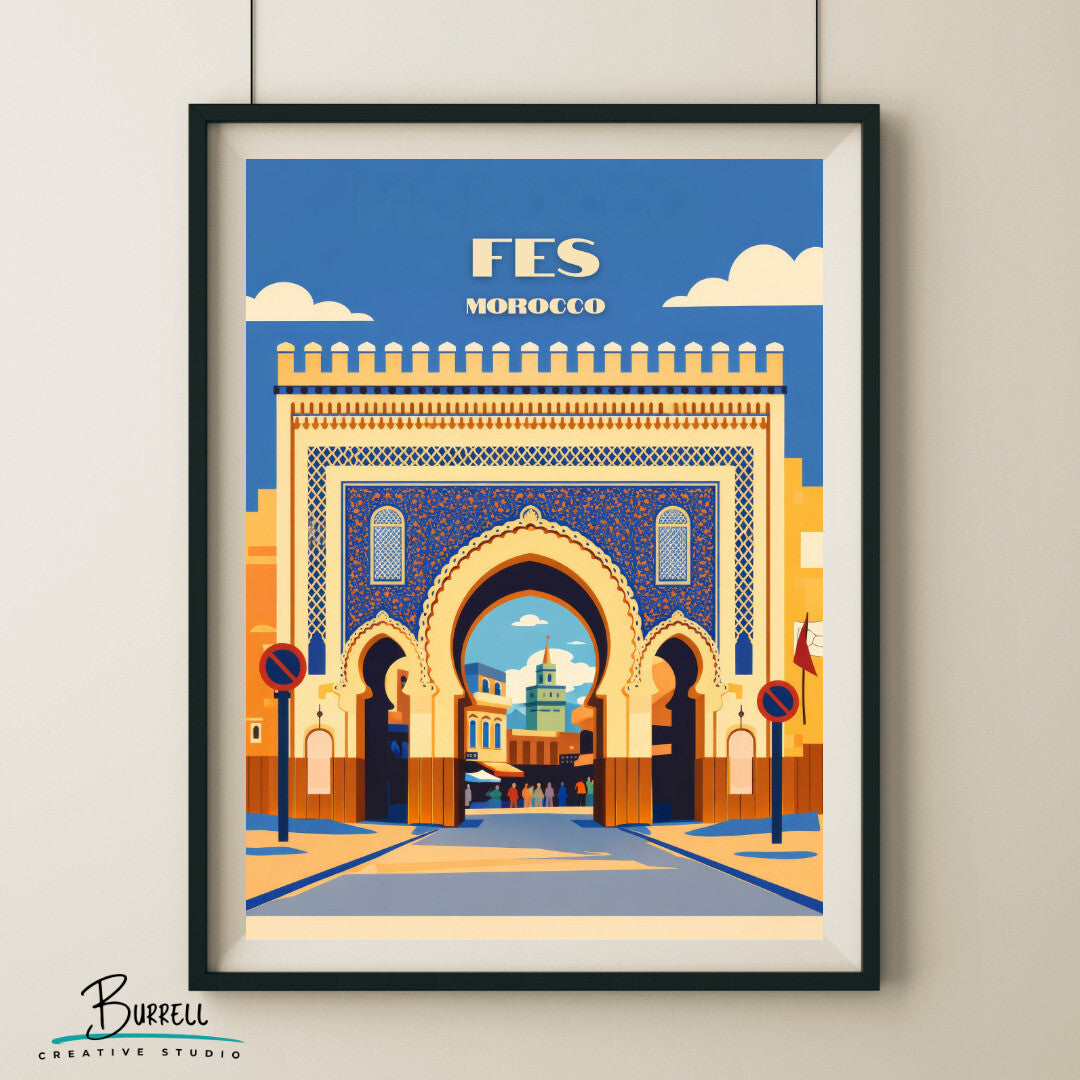 Fes Morocco Blue Gate Travel Poster & Wall Art Poster Print