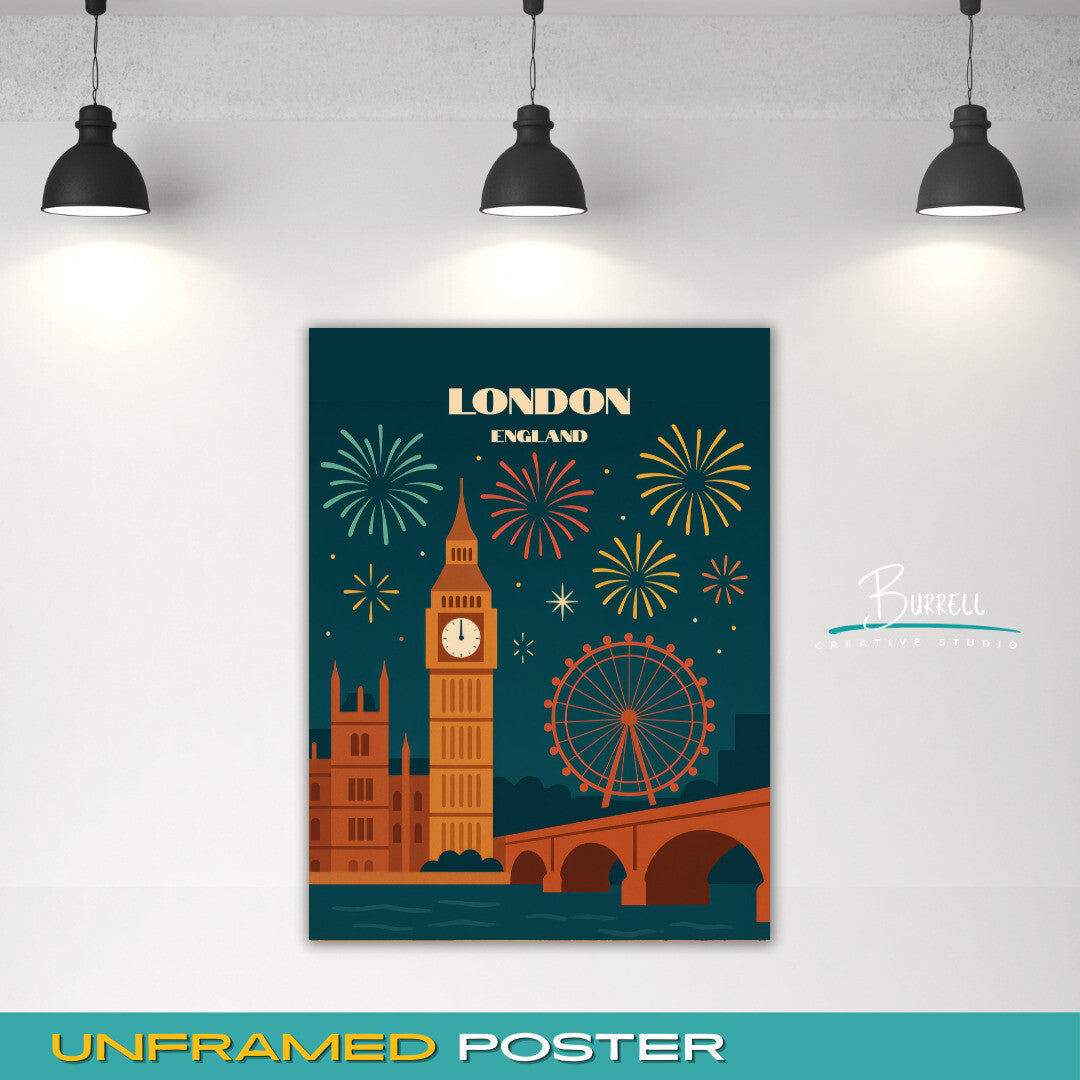 London England New Years Celebration Travel Poster & Wall Art Poster Print