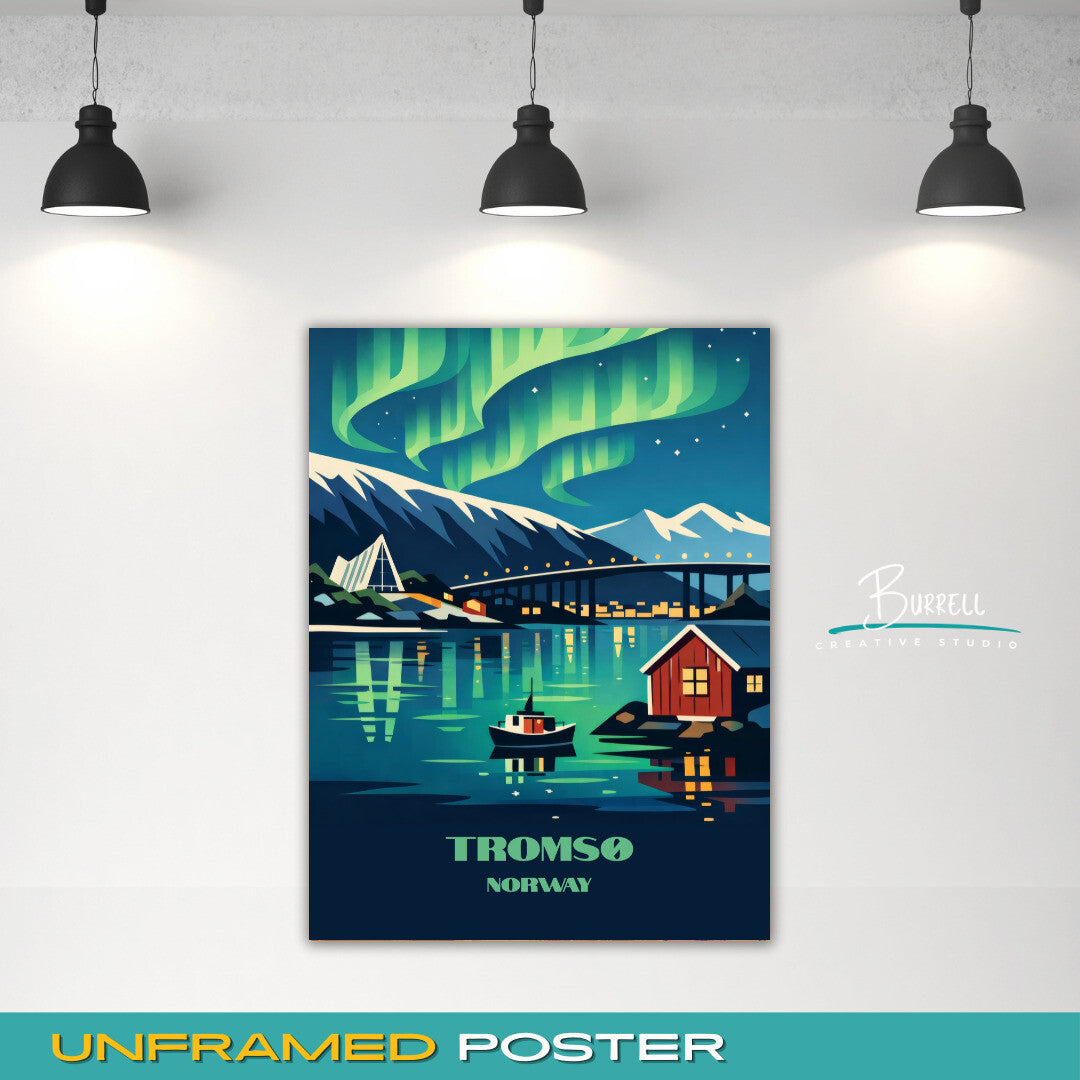 Tromsø Norway Northern Lights Travel Poster & Wall Art Poster Print