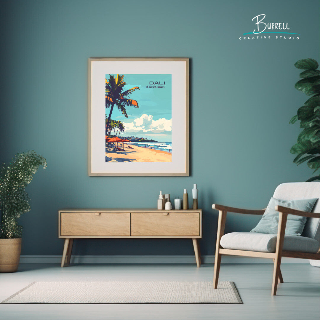 Denpasar Bali Seminyak Beach Travel Poster & Wall Art Poster Print