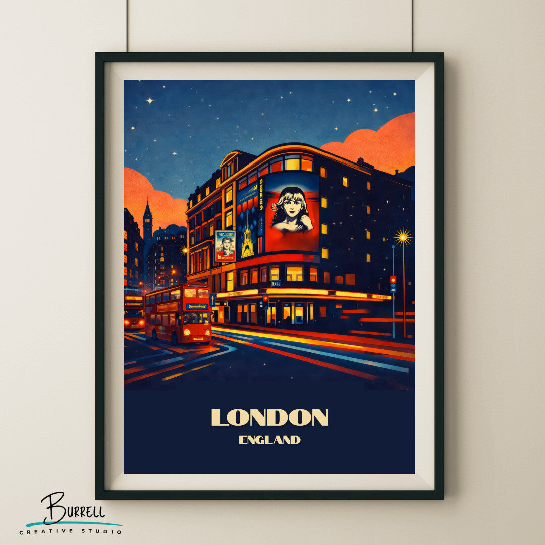 London England West End Theater District Travel Poster & Wall Art Poster Print