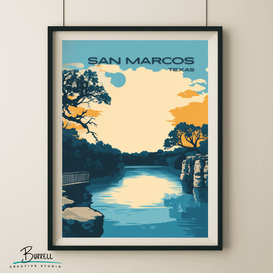San Marcos Texas Rio Vista Park Travel Poster & Wall Art Poster Print