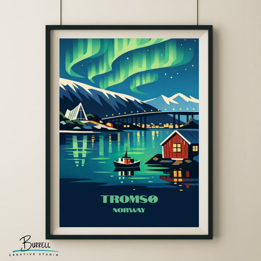 Tromsø Norway Northern Lights Travel Poster & Wall Art Poster Print