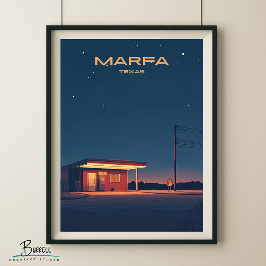 Marfa Texas Small Town Charm Travel Poster & Wall Art Poster Print