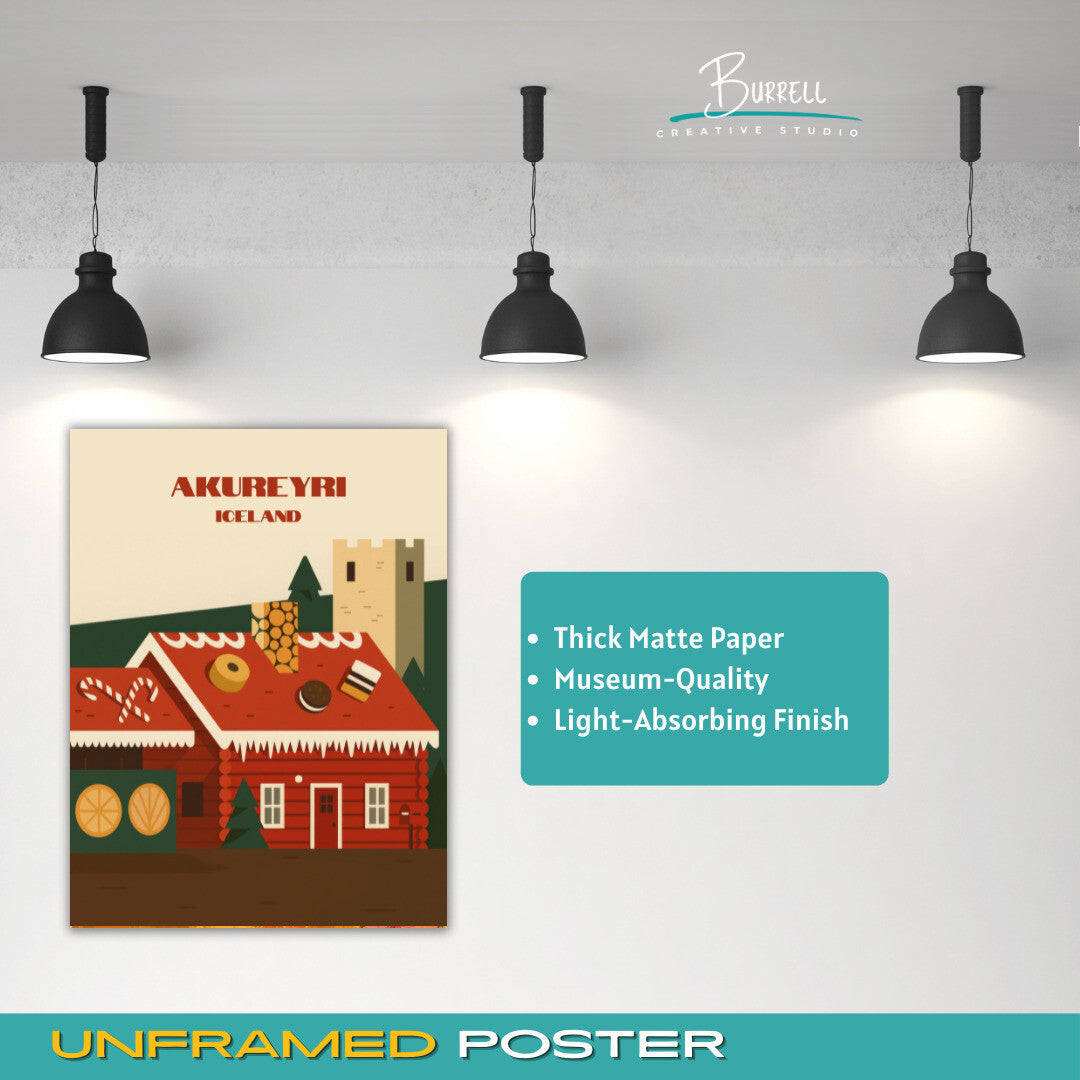 Akureyri Iceland Christmas House Travel Poster & Wall Art Poster Print