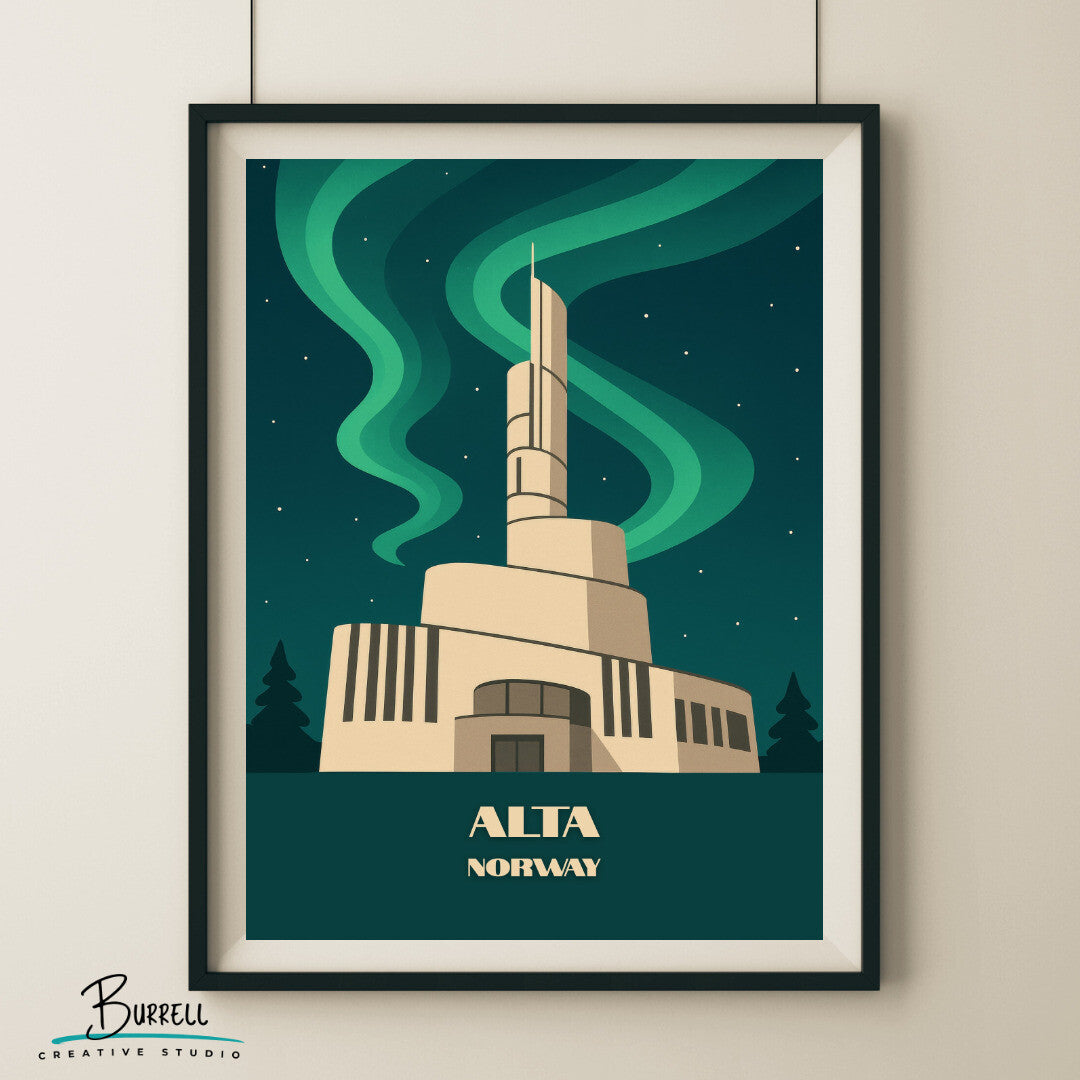 Alta Norway Northern Lights Cathedral Travel Poster & Wall Art Poster Print