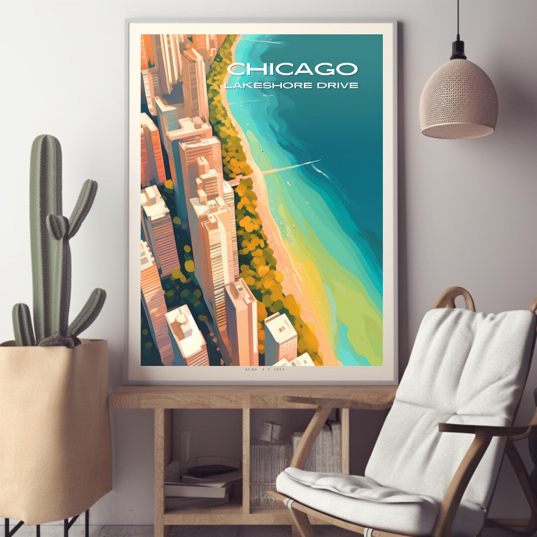 Chicago Lakeshore Drive Aerial View Wall Art Poster Print | Chicago Illinois Travel Poster | Home Decor