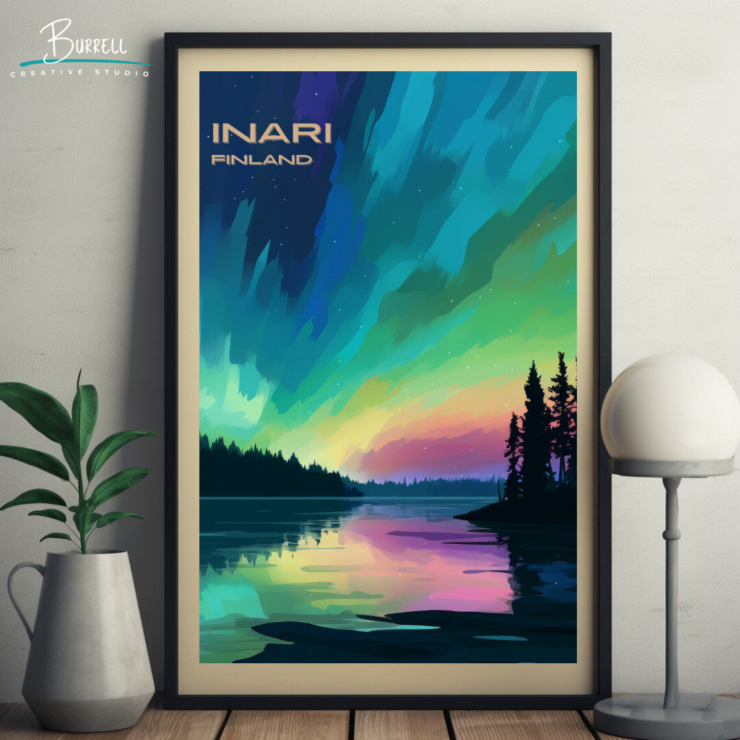 Inari Northern Lights Wall Art Poster Print | Inari Lapland Travel Poster | Home Decor