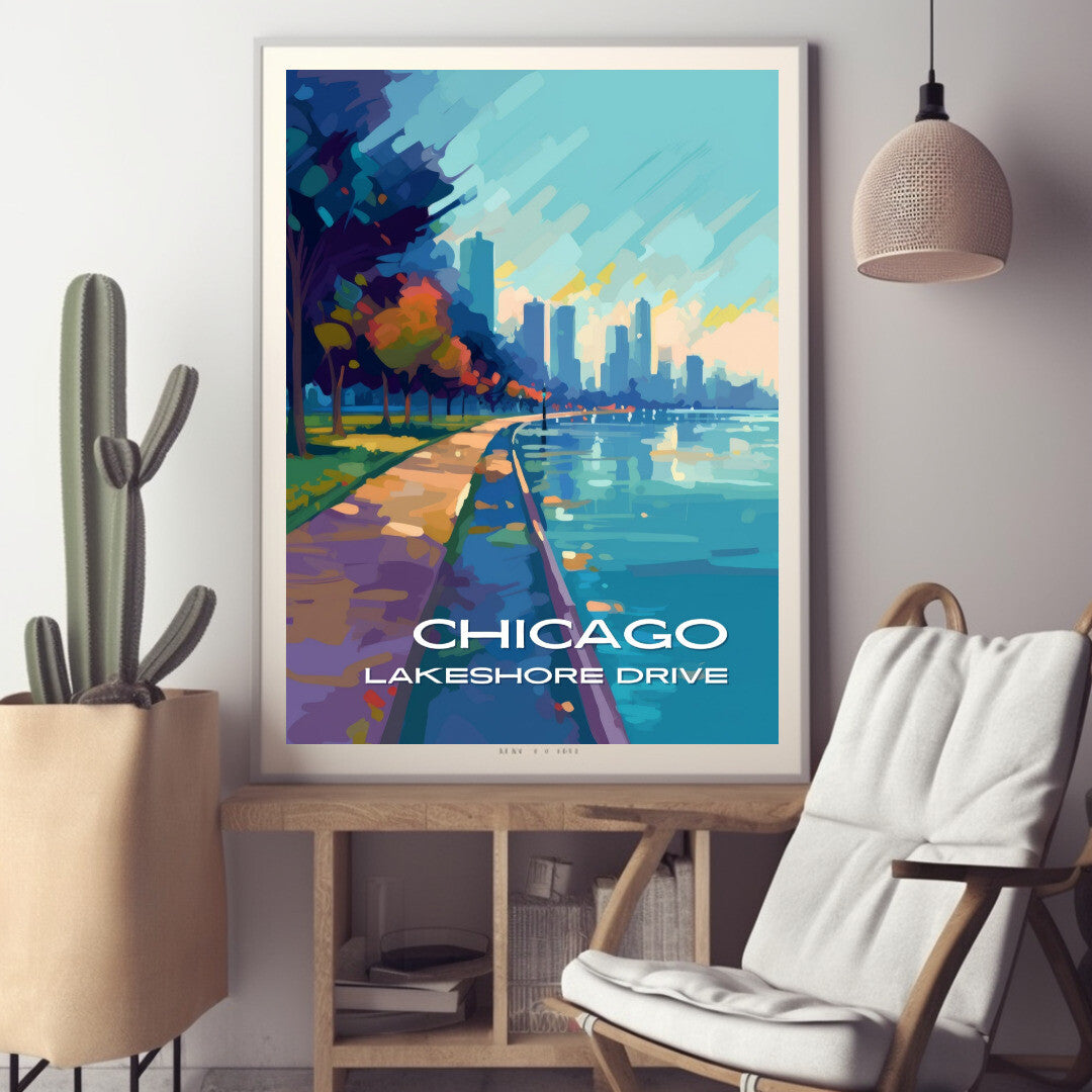 Chicago Lakeshore Drive Walking Path Wall Art Poster Print | Chicago Illinois Travel Poster | Home Decor