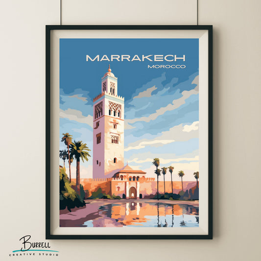 Marrakech Kutubiyya Mosque Wall Art Poster Print | Marrakech Marrakech-Safi Travel Poster | Home Decor