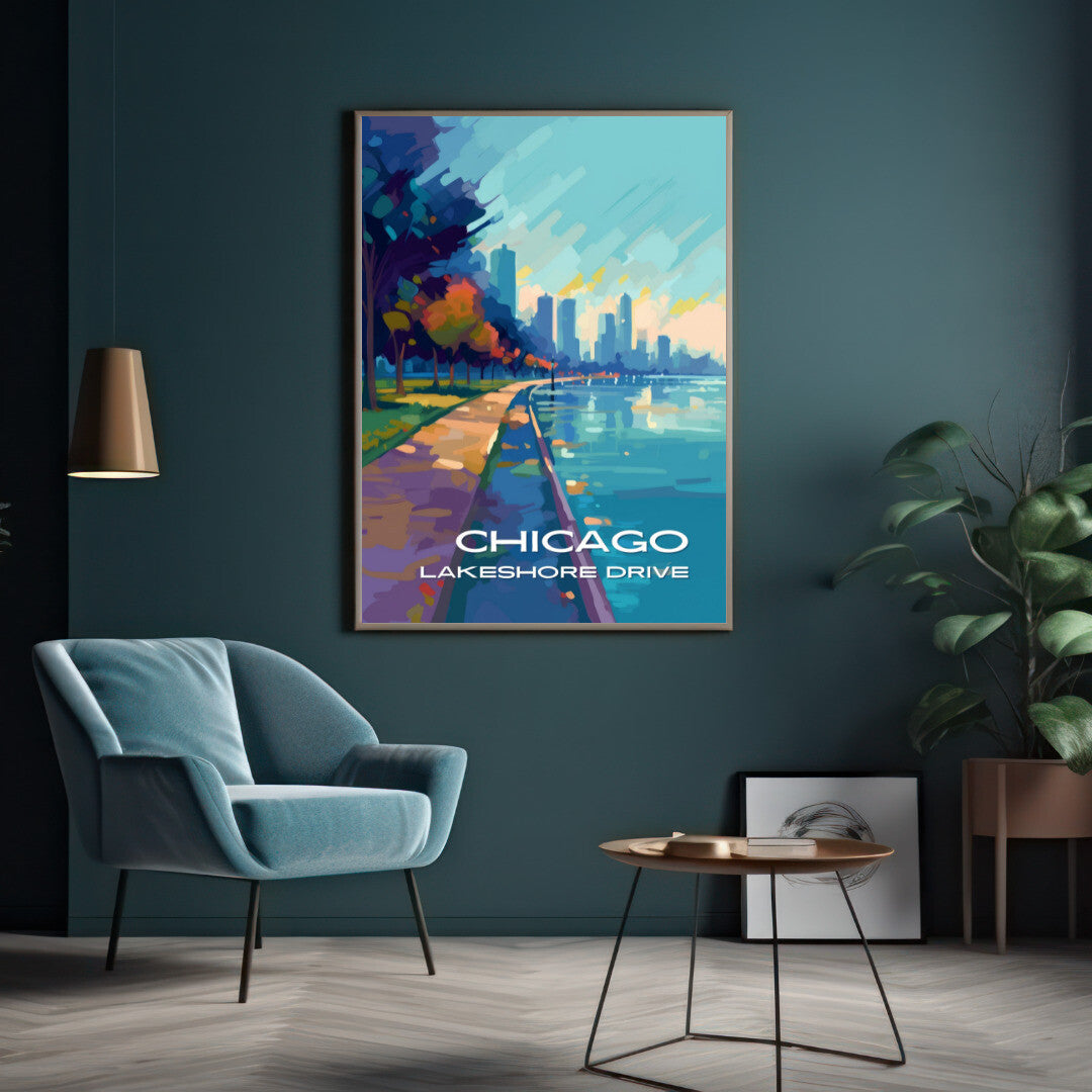 Chicago Lakeshore Drive Walking Path Wall Art Poster Print | Chicago Illinois Travel Poster | Home Decor