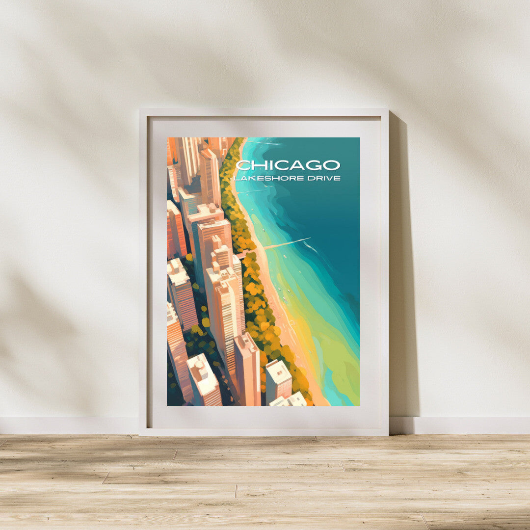 Chicago Lakeshore Drive Aerial View Wall Art Poster Print | Chicago Illinois Travel Poster | Home Decor