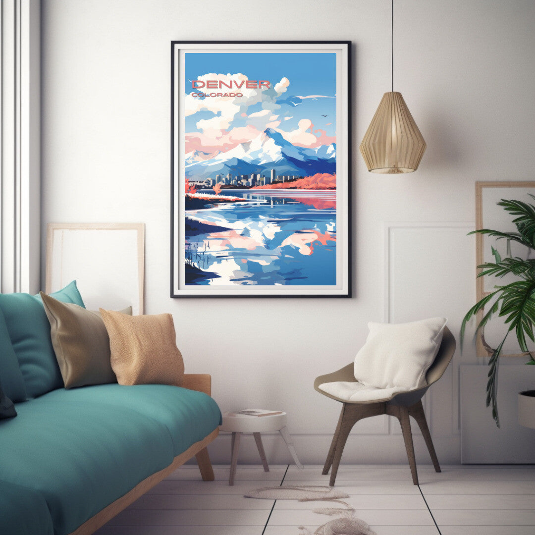 Denver Rocky Mountains And Skyline Wall Art Poster Print | Denver Colorado Travel Poster | Home Decor