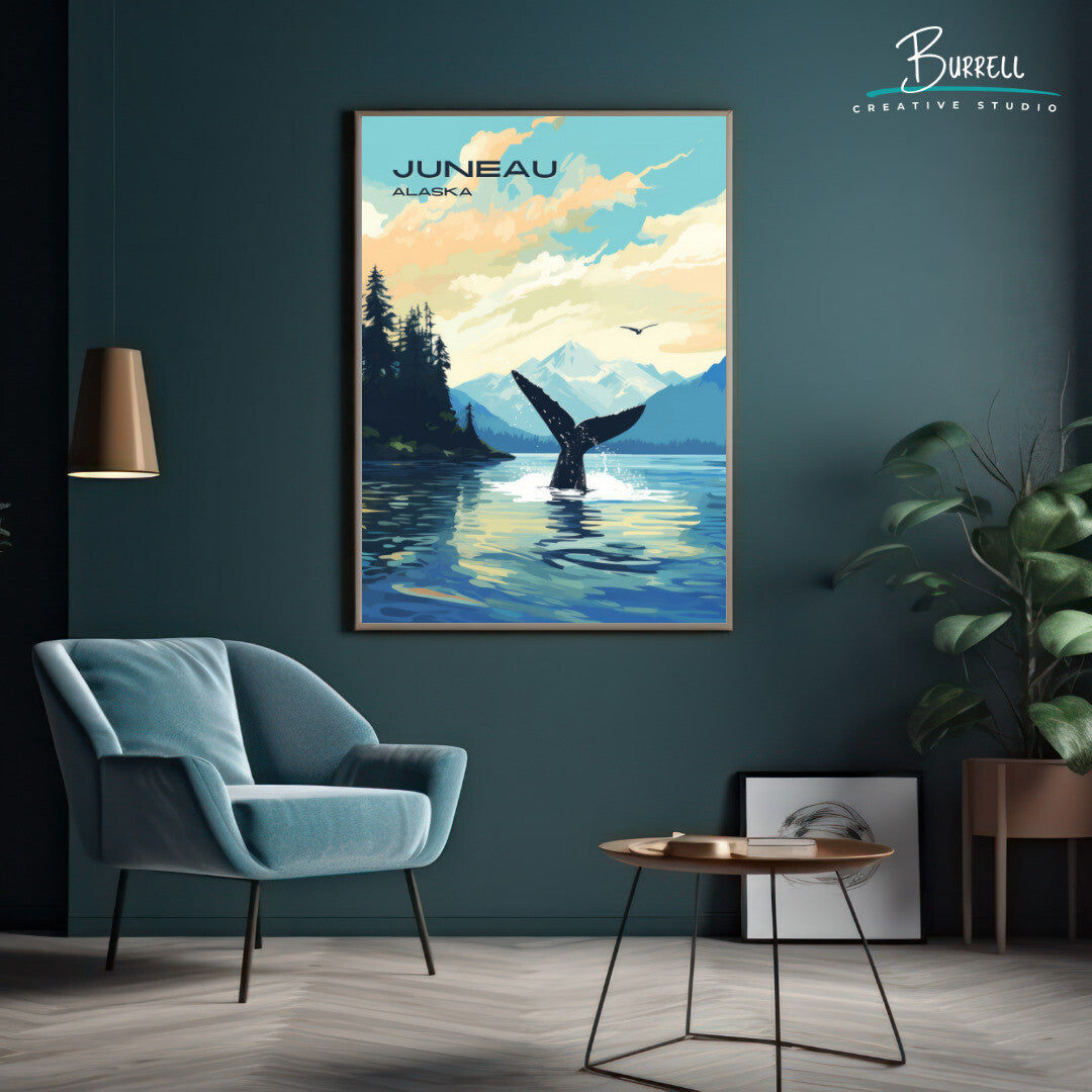 Juneau Whale Watching Wall Art Poster Print | Juneau Alaska Travel Poster | Home Decor