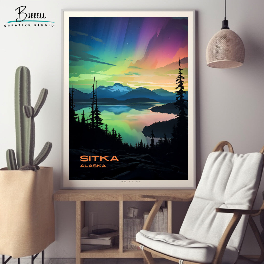 Sitka Northern Lights Wall Art Poster Print | Sitka Alaska Travel Poster | Home Decor