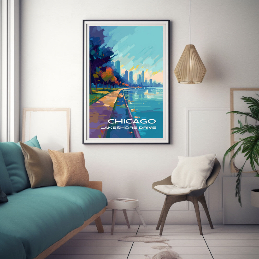 Chicago Lakeshore Drive Walking Path Wall Art Poster Print | Chicago Illinois Travel Poster | Home Decor