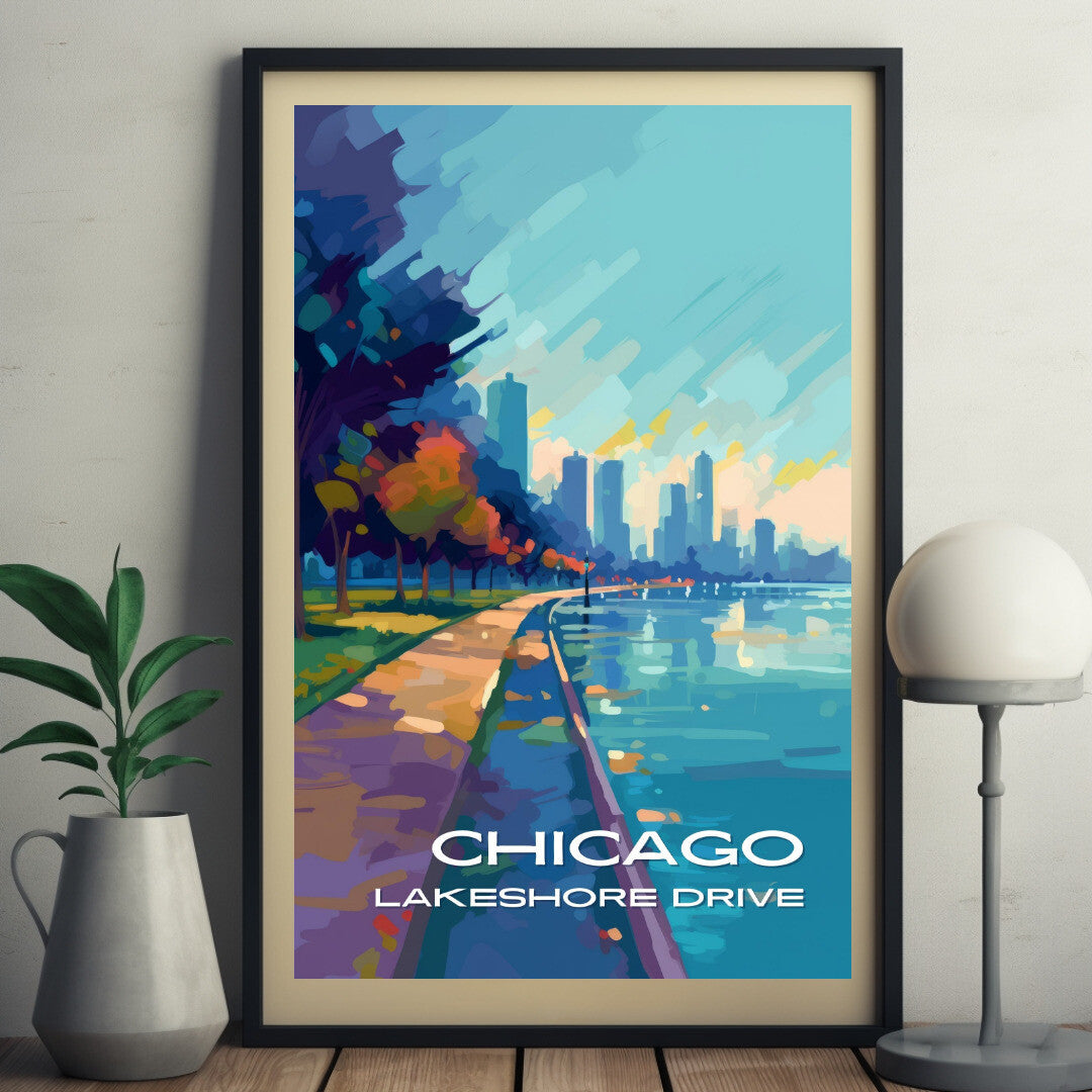 Chicago Lakeshore Drive Walking Path Wall Art Poster Print | Chicago Illinois Travel Poster | Home Decor