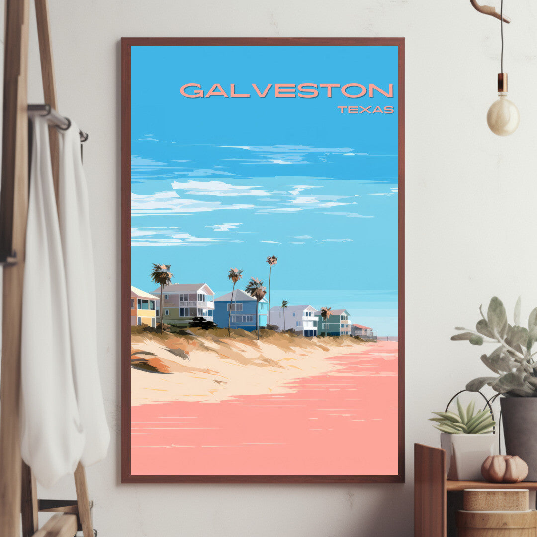 Galveston Beach Homes Wall Art Poster Print | Galveston Texas Travel Poster | Home Decor
