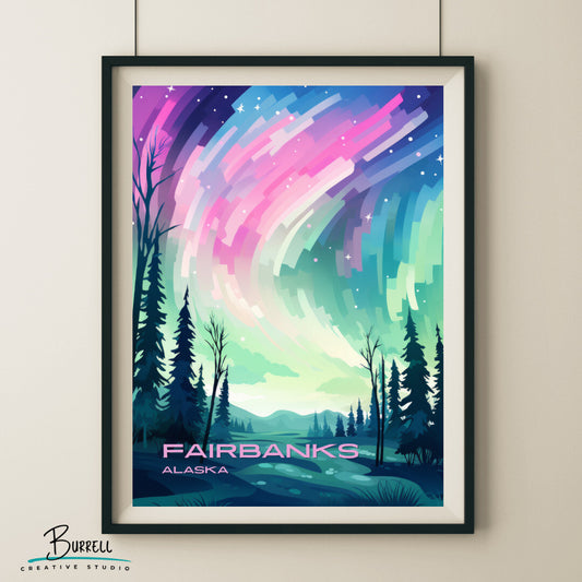 Fairbanks Northern Lights Wall Art Poster Print | Fairbanks Alaska Travel Poster | Home Decor