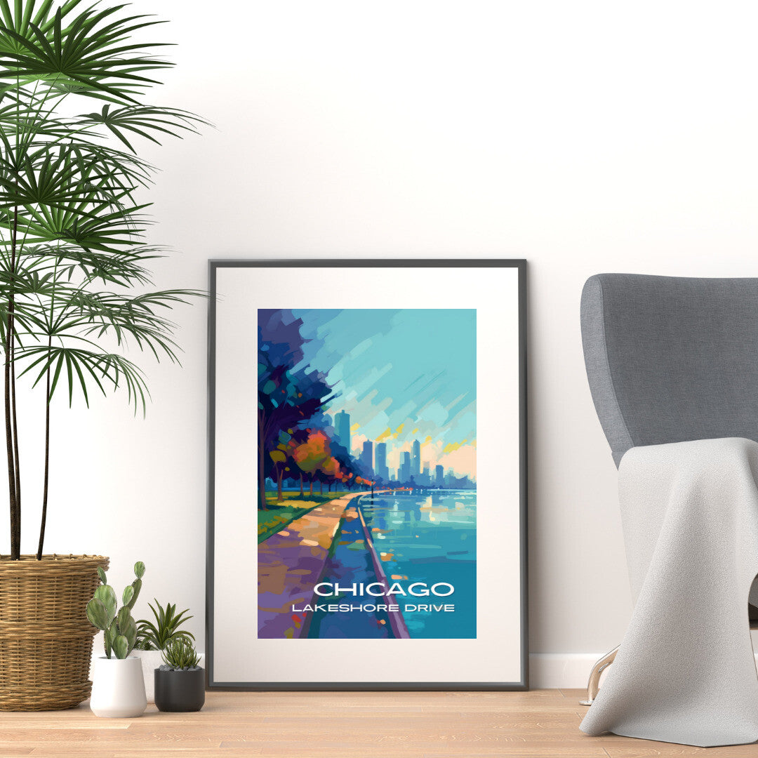 Chicago Lakeshore Drive Walking Path Wall Art Poster Print | Chicago Illinois Travel Poster | Home Decor