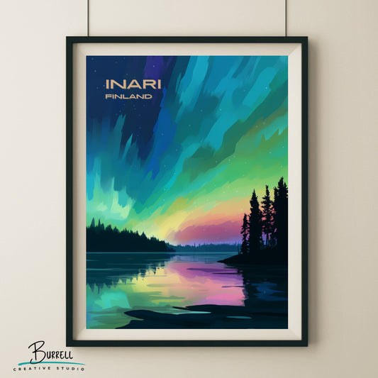 Inari Northern Lights Wall Art Poster Print | Inari Lapland Travel Poster | Home Decor