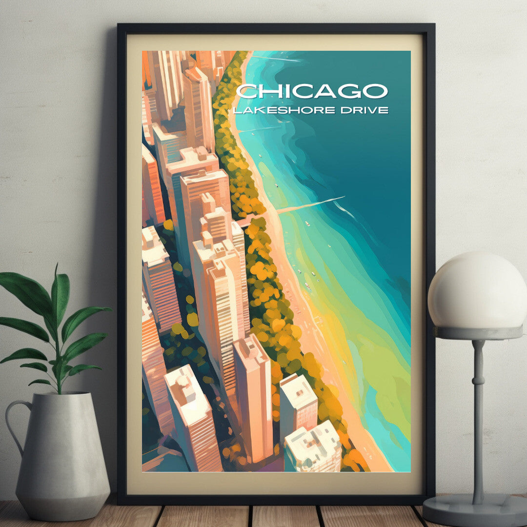 Chicago Lakeshore Drive Aerial View Wall Art Poster Print | Chicago Illinois Travel Poster | Home Decor