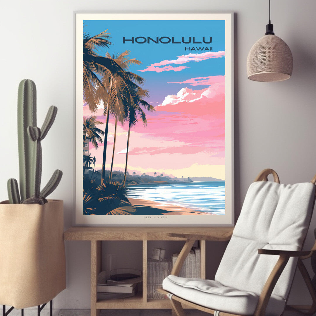 Honolulu Beach View Wall Art Poster Print | Honolulu Hawaii Travel Poster | Home Decor