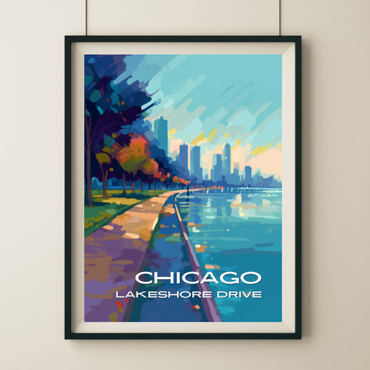 Chicago Lakeshore Drive Walking Path Wall Art Poster Print | Chicago Illinois Travel Poster | Home Decor